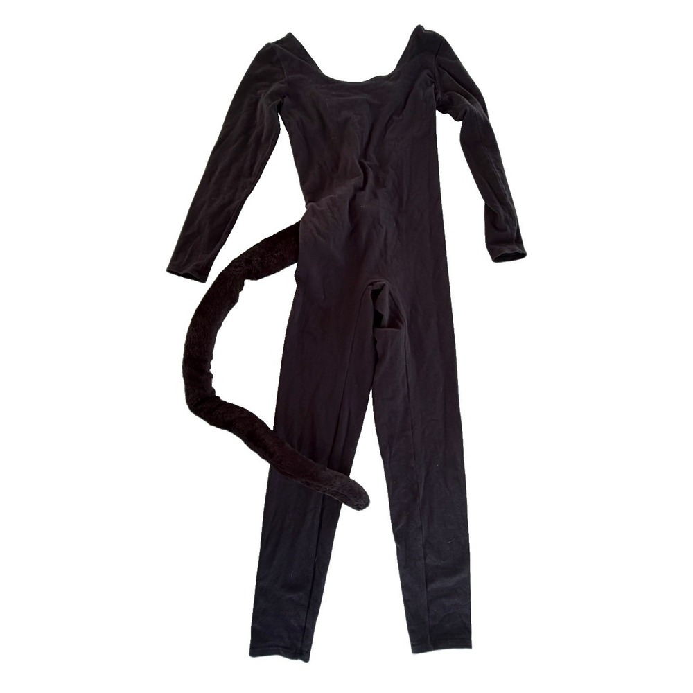 Black Cat Costume SZ M Unitard Jumpsuit Long Faux Fur Tail Halloween Cosplay